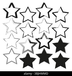 Sternförmige Kollektion. Schwarz-weiße Zahlen. Ausgefüllte Symbole in der Kontur. Abstrakte Vektorgruppe. Stock Vektor