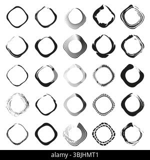 Geometrisches Symbolset. Kreisförmige quadratische Form. Abstrakte Vektorsymbole. Schwarzweißmuster. Stock Vektor