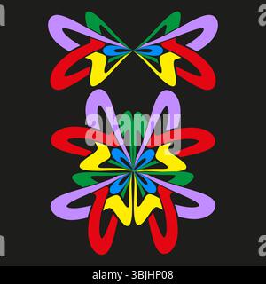 Mehrfarbiges Blumensymbol. Schwarzer Hintergrundvektor. Gebogenes Blütenblatt. Symmetrische Blütenform. Stock Vektor