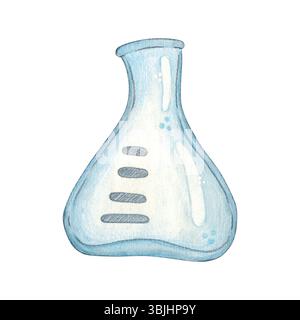 Laborkolben aus Glas. Aquarellillustration handgezeichnet, Zeichentrick. Zeichnung für Aufkleber, Poster, Postkartenrohlinge, Scrapbooking, Journaling. Wissenschaft Stockfoto