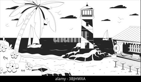 Sonnenuntergang Ocean Bay Leuchtturm mit Lofi-Illustration der Strandbar Stock Vektor