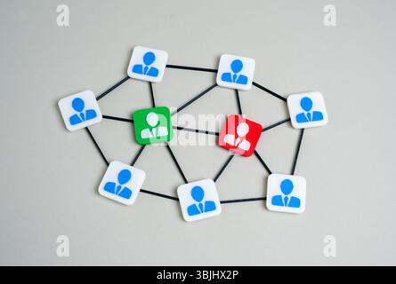 Zwei Lager in einem Unternehmensnetzwerk. Zentren der Anziehung und Macht. Kampf um Führung. Rivalität. Wettbewerb um Führung in einem korporat Stockfoto