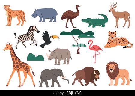 Afrikanische Tiersammlung, flache Vektor-Illustration. Geparden, Flusspferde, Strauß, Krokodil, Antilopen, zebra, Tukan, Akazienbaum, Nashorn, Flamingo Stock Vektor