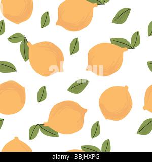 Nahtloses Muster mit Hand gezeichneten Zitronen und grünen Blättern, helle gelbe Zitrusfrucht, flache Vektorillustration, weißer Hintergrund, Sommerfrucht Design Stock Vektor