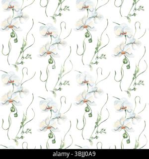 Nahtloses Blumenmuster mit weißen Orchideenblüten, Lilienknospen und anmutigen Stämmen. Leichtes neutrales botanisches Wiederholungsmuster für Design Stockfoto
