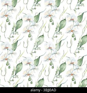 Elegante botanische nahtlose Muster weiße Orchideen, ungeöffnete Lilienblüten und neutrale Farben isoliert. Weiße Blüten, Aquarellwiederholung Hintergrund Stockfoto