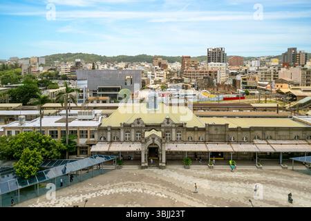 Luftaufnahme der Stadt Hsinchu vor dem Bahnhof Hsinchu in Taiwan Stockfoto