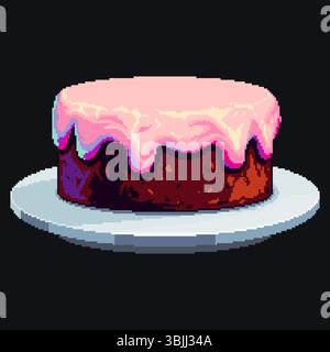 Pixel Art Cake mit rosa Glasur auf Platte - Vektor Dessert Illustration Stock Vektor