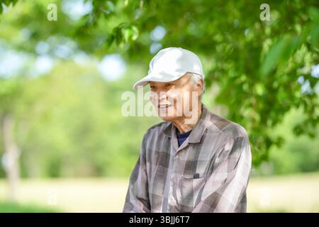 In einem üppig grünen Park an einem sonnigen Maitag steht ein Japaner Ende 70 mit kariertem Hemd und weißem Hut still auf Stufen. Umgeben Stockfoto
