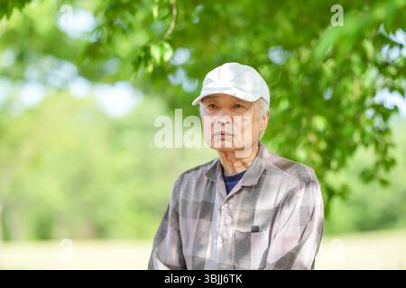 In einem üppig grünen Park an einem sonnigen Maitag steht ein Japaner Ende 70 mit kariertem Hemd und weißem Hut still auf Stufen. Umgeben Stockfoto