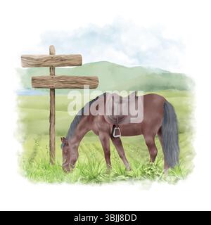 Ein gesatteltes Pferd grast auf einer Weide, neben einem hölzernen Wegweiser. Aquarellabbildung. Pferd auf dem Hintergrund der Berge und eines grünen Tals, Post Stockfoto