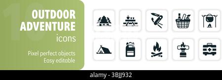 Set aus einfachen Camping- und Freizeitsymbolen im Freien mit wichtigen Vorräten und Ausrüstungen für die Erkundung der Natur Stock Vektor