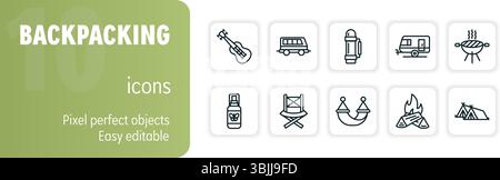 Set aus 10 bearbeitbaren Rucksacksymbolen mit Gitarre, Zug, Schlafsack und mehr Stock Vektor