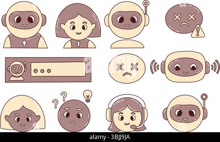 Chatbot, Gesichter, virtueller Assistent und Symbole für menschliche Emotionen für KI-Schnittstelle. Vektorsymbolgruppe mit Ausdrücken, technischem Support und Passwortsicherheit. Isol Stock Vektor