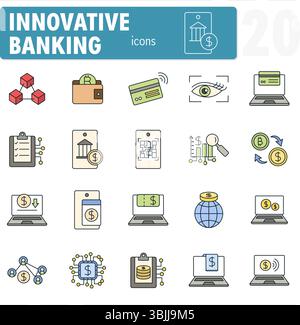 Innovative Symbole für Banken und Fintech-bezogene moderne Farblinien für Websites und mobile Anwendungen Stock Vektor
