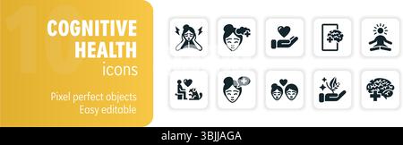 Eine Reihe von soliden Symbolen, die sich auf die kognitive Gesundheit beziehen und Konzepte wie Achtsamkeit, Psychologie und mentales Wohlbefinden darstellen Stock Vektor