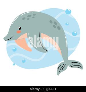 Ein Zeichentrickdelfin schwimmt spielerisch im blauen Wasser. Der Delfin hat einen hellgrauen Körper mit dunkleren Flecken und einem fröhlichen Ausdruck. Blasen umgeben ihn. Stock Vektor