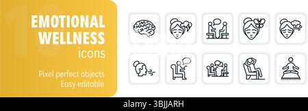 Liniensymbole, die verschiedene Aspekte des emotionalen Wohlbefindens darstellen, einschließlich Meditation, Therapie und Selbstversorgung Stock Vektor