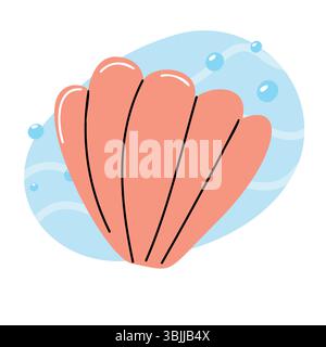 Eine stilisierte Illustration einer rosafarbenen Muschel mit geschwungenen Linien vor einem hellblauen Hintergrund mit Blasen. Das Design ist einfach und farbenfroh Stock Vektor