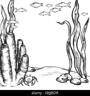 Vektorillustration des Meeresbodens, Bewohner der Tiefen, handgezeichnete Unterwasseralgen, Pflanzenzweige, röhrenförmige Schwammkorallen am Meeresgrund, Stock Vektor