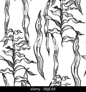 Hand gezeichnetes nahtloses Muster des Vektors mit Unterwasseralgen, Zweige der Pflanze am Meeresgrund, Ozean, monochrome Illustration des Aquariumdekors, schwarz Stock Vektor