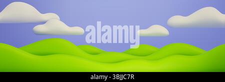 3D-Hintergrund mit grünen Hügeln und blauem Himmel. Vektor-realistische Illustration des nahtlosen Panoramas der Frühling- oder Sommerlandschaft, Plastilin-Feld und Wolken, schönen natürlichen Hintergrund, Wiese Rasen Stock Vektor
