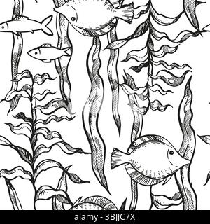 Vektorillustration des Meeresbodens, nahtloses Muster der Tiefen, handgezeichnete Unterwasseralgen, Pflanze am Meeresboden, Ozean, tropische Fische, monochrome Bla Stock Vektor