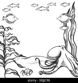 Vektor tiefer Meeresboden mit Algen, Pflanzen, Zweigen und Blättern, tropischen Fischen, Seesternen, Tintenfisch auf Sand unter Meer, Ozean, Schwarzweiß-Illustration Stock Vektor