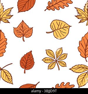 Ein Muster verschiedener Herbstblätter in Orange- und Gelbtönen auf weißem Hintergrund. Die Leaves haben unterschiedliche Formen und Größen, die darstellen Stock Vektor