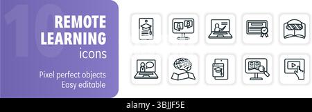 Diese Symbole eignen sich perfekt für Projekte im Zusammenhang mit Online-Bildung, E-Learning und Fernunterricht Stock Vektor