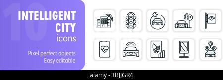Set aus 10 Symbolen für intelligente Stadtlinien, die die Funktionen und Technologien der intelligenten Stadt darstellen Stock Vektor