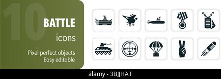 Set von militärischen Ikonen mit Ausrüstung der Streitkräfte und Symbolen für Krieg und Frieden Stock Vektor