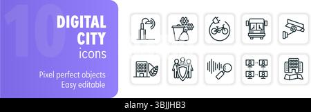 Set aus 10 Symbolen für digitale Städte, die verschiedene Aspekte einer Smart City-Umgebung darstellen Stock Vektor