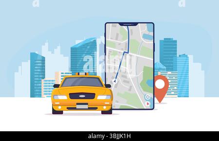Taxiwagen und Telefon mit Karte Stock Vektor