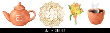 Ein Bündel von Aquarell-Clipart zum Thema Balance sacralchakra. Terrakotta-Teekanne, eine Tasse mit heißem Tee, Ringelblumenstrauß, ein goldenes orangenes Svadhi Stockfoto