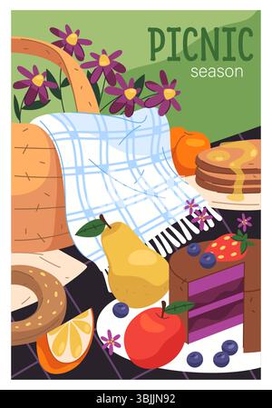 Picknick im Sommer. Vektor-Banner der Decke mit Essen und Trinken im sonnigen Park, Korb. Obst- und Dessertsnack für saisonales Wochenendschild. Karte für Familientreffen im Freien. Mittagessen, Mahlzeit. Stock Vektor