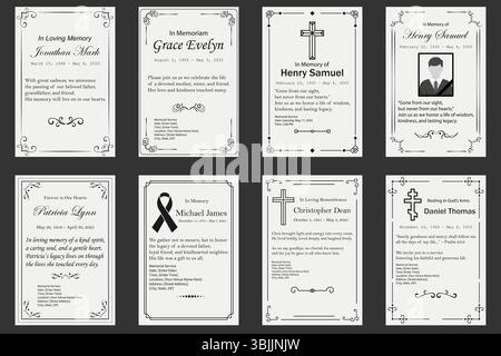 Eine Sammlung eleganter schwarz-weißer Begräbniskarten mit dekorativen Rahmen, religiösen Symbolen und Platzhaltertext. Ideal für Gedenkfeiern, Gedenkprogramme und Nachruf-Ankündigungen. Elegantes Set Mit Vorlagen Für Beerdigungskarten Stock Vektor