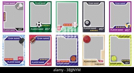Eine farbenfrohe Sammlung leerer Vorlagen für Sportkarten mit verschiedenen Bälle wie Fußball, Basketball, Baseball, Tennis und mehr. Ideal zum Erstellen individueller Sportspielerkarten. Vorlage Für Benutzerdefinierte Sports Trading Card. Stock Vektor