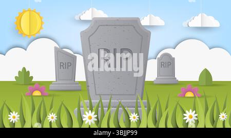 Helle und verspielte Friedhof-Vektor-Illustration mit Grabsteinen, blühenden Blumen und einem fröhlichen sonnigen Himmel mit Papierwolken. Cartoon-Friedhof-Illustration. Begräbnis-Karikaturhintergrund. Niedliche Friedhofslandschaft Stock Vektor