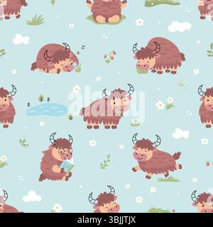 Nahtloses Yak-Muster. Lustige Karikaturyaks in verschiedenen Aktivitäten. Niedliche Tierfiguren für Stoff und Web-App-Design. Nowaday Vektorhintergrund Stock Vektor