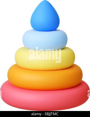 Pyramidenspielzeug 3D-Symbol. Isoliertes Kinderentwicklungszubehör mit lebendigen Kunststoffringen. Realistisches Rendering-Design, stilvoller klassischer Spielzeugvektor Stock Vektor