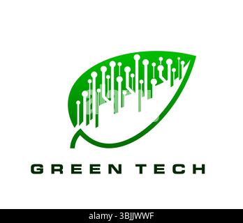 Symbol für grüne Technologie, intelligenter digitaler Bauernhof und umweltfreundliche Technologie für grüne Energie. Symbol für Innovation im Bereich erneuerbare Energien, Biotechnologie und Öko-Landwirtschaft, Technologie-Startup-Symbol oder Symbol mit grünem Blatt, Computerkreislauf Stock Vektor