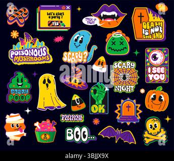 Halloween funky groovige y2k Retro-Aufkleber, gruselige Weihnachtsaufkleber. Gruseliger Geist, Kürbis, Schädel und Mumienmonster Vektor-Emojis. Halloween Scary y2k Süßigkeiten und Cocktailaufkleber Stock Vektor