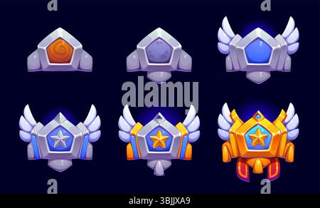 Bewertungsstar-Spiel-Rangabzeichen, Level-Fortschritt-Stufen gesetzt, Vektorspiel-UI. Zeichentrickabzeichen mit goldenen und silbernen Sternen, Holz, Fels, Metall und Edelsteinschilden, Flügeln und Bändern. Medaillen für den Fortschritt der Stufe Stock Vektor