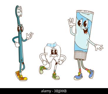 Groovige Zahn-, Zahnpasta- und Bürstenfiguren. Mundhygiene und Zahngesundheit Hippie groovige lustige Charaktere. Kinder Zahnmedizin Zahnbürste, Paste Tube Vektor 60s lustiges Maskottchen oder Hippie groovy Persönlichkeit Stock Vektor