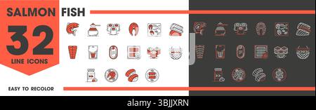 Lachsfisch und Fleisch Farblinien Symbole von Vektor Meeresfrüchte. Frische und gekochte Meeresfrüchte, rohe Lachssteaks und -Filet, gemachte, gefrorene und gegrillte Fischscheiben, Sashimi, Sushi-Brötchen und Nigiri, Kaviar und Öl Stock Vektor
