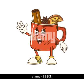 Cartoon-groovige Glühweinbecher-Figur. Weihnachtsfeiertage Alkohol trinken isolierte Retro-Vektor-Persönlichkeit oder Maskottchen. Tasse Glühwein mit Zimt, Anis und Zitrone süß groovigen Charakter Stock Vektor