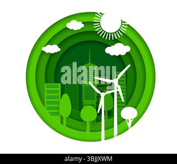 Papier geschnittenes umweltfreundliches Banner, Symbol für saubere Umwelt. Ökologisches und sauberes Papier geschnittenes Vektorkonzept oder Öko-Symbol mit Wolkenkratzern Gebäuden, grünen Bäumen, Wolken und Sonne, Windturbinen Silhouetten Stock Vektor