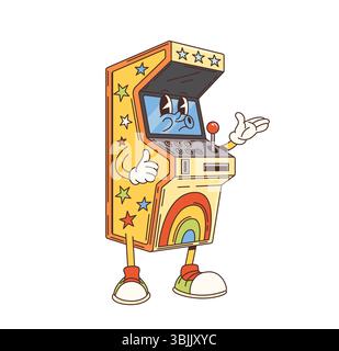 Grooviger Spielautomat-Charakter. Las Vegas Casino Glücksspiel und Geld Wetten Spiel, ein bewaffneter Bandit Spielautomat funky Vektor Persönlichkeit. Retro-Arcade-Tischschrank mit Joystick und Münzfach Stock Vektor