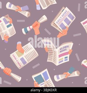 Zeitungsmuster. Hände, die Zeitungsblätter halten. Nahtloser Vektor-Hintergrund Stock Vektor